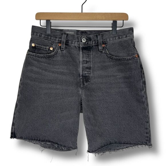Levis Premium Womens 501 90s Denim Jean Shorts Mid Thigh Rise Long Black Gray - Picture 6 of 16